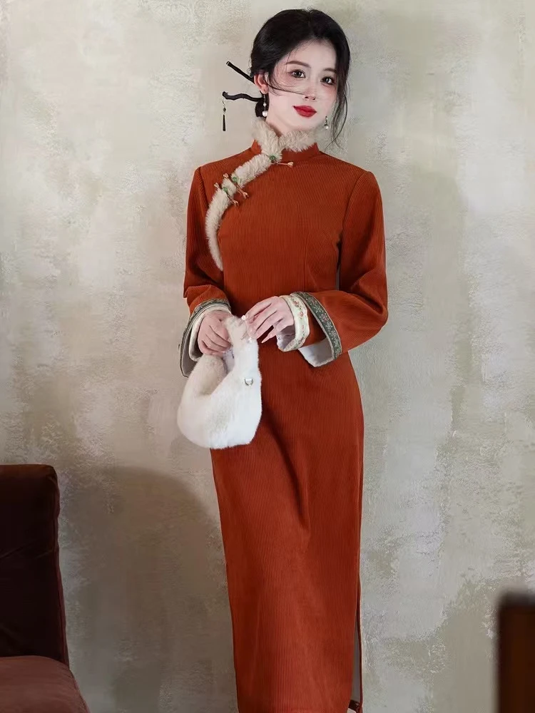 旗格格 设计师新款南瓜色旗袍显瘦国风