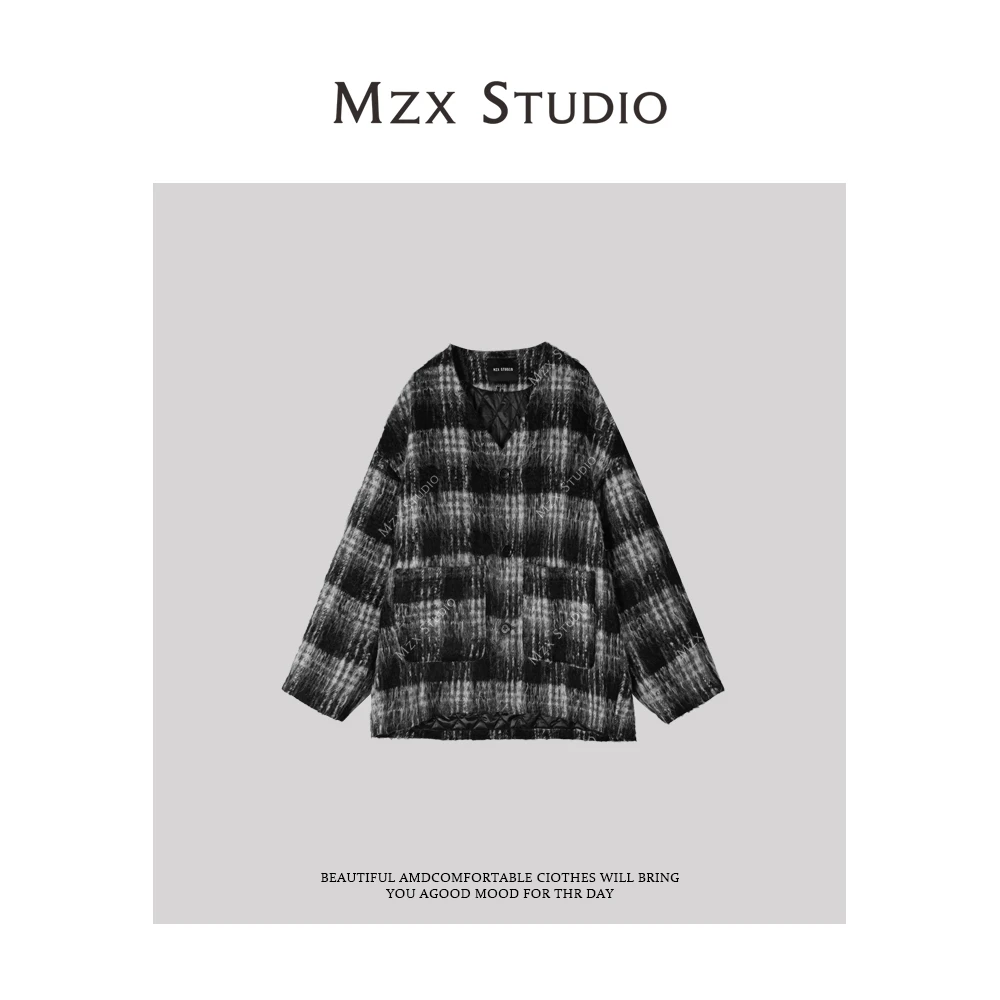 MZX 含羊毛格纹V领毛呢棉服外套WT6490-F
