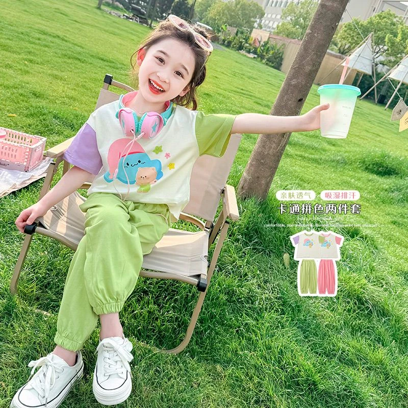 女童宝宝韩版拼色套装中小童夏季新款洋气卡通上衣时尚长裤两件套