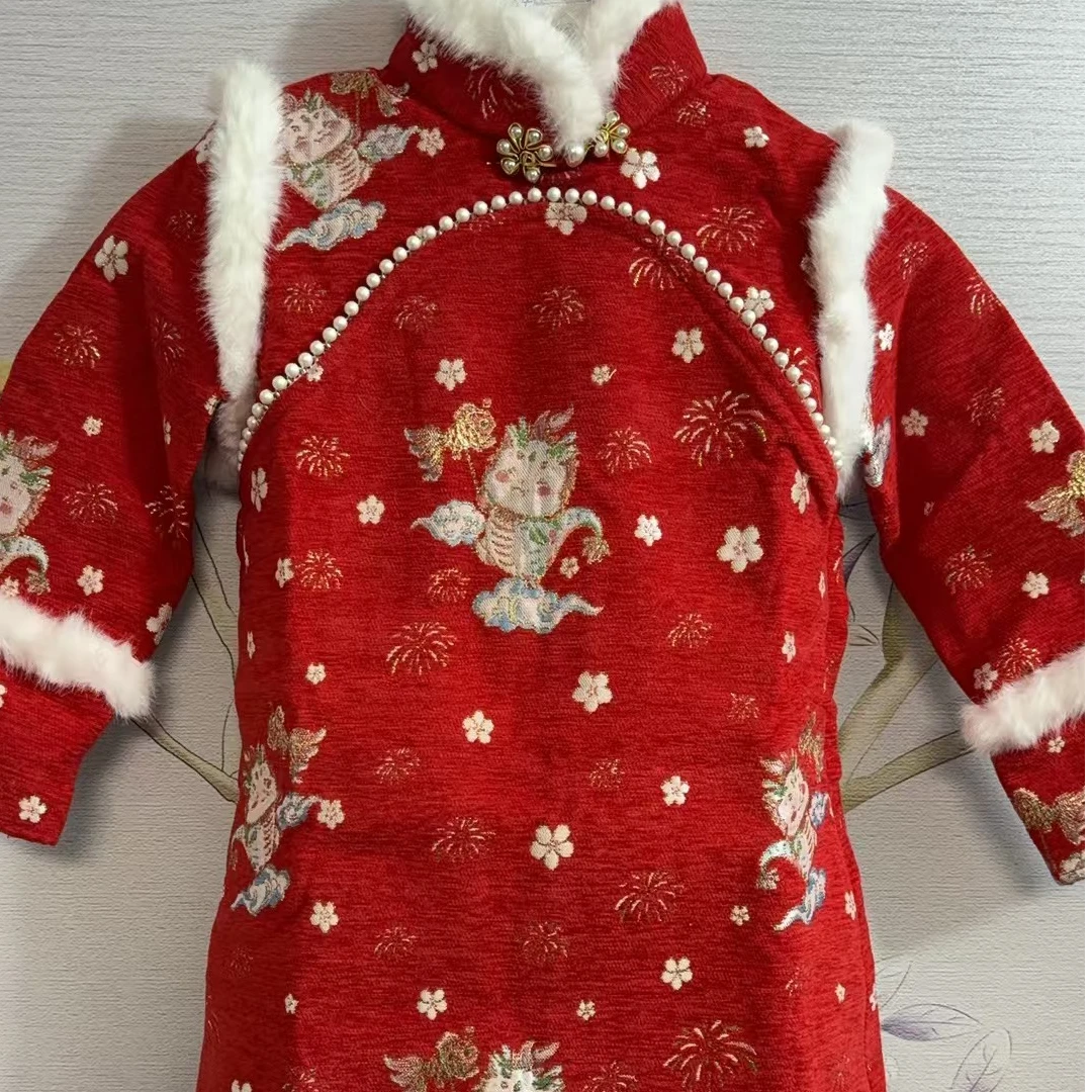 【吉祥龙人】冬款童装旗袍红色加绒拜年服中式长袖喜庆（货号6013）