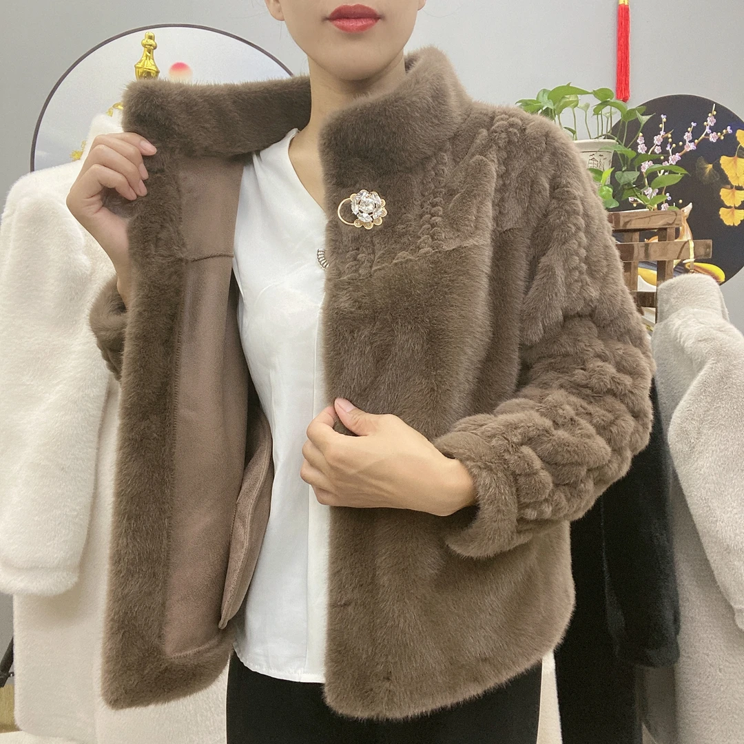 米兰貂402立领麻花秋冬环保貂毛皮毛一体外套网红短款女士外套