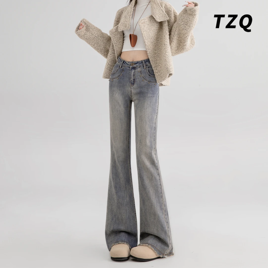 复古钉珠弹力微喇牛仔裤女2024秋冬高腰百搭马蹄长裤子TZQ111942