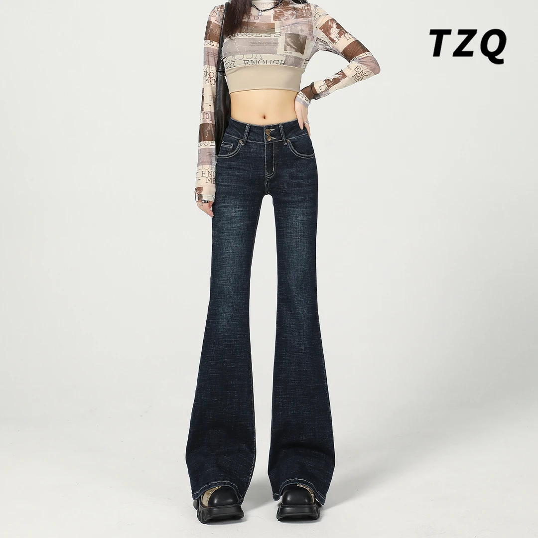 蓝灰高腰微喇牛仔裤女2024秋冬新款显瘦弹力马蹄喇叭裤TZQ112001