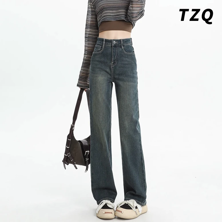 窄版阔腿牛仔裤女爆款2024春秋新款小个子显瘦直筒垂感拖地长裤子