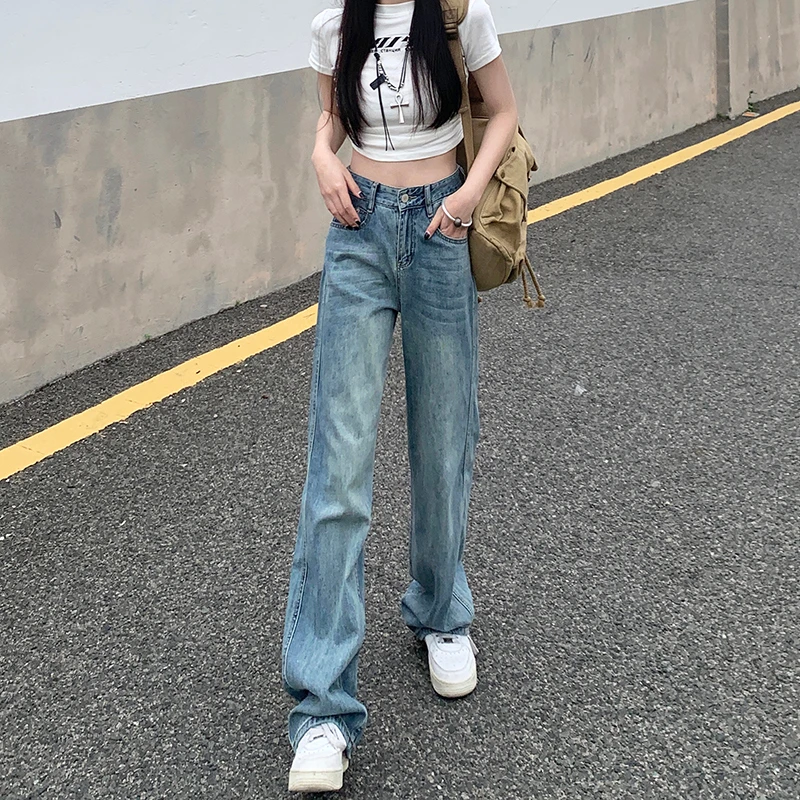 复古直筒牛仔裤女春秋季2024新款高腰显瘦拖地窄版阔腿裤TZQ31399