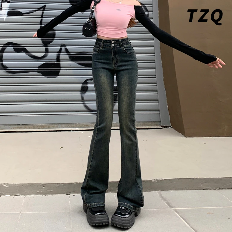 高腰微喇牛仔裤女爆款小个子百搭弹力修身显瘦马蹄喇叭裤TZQ10102