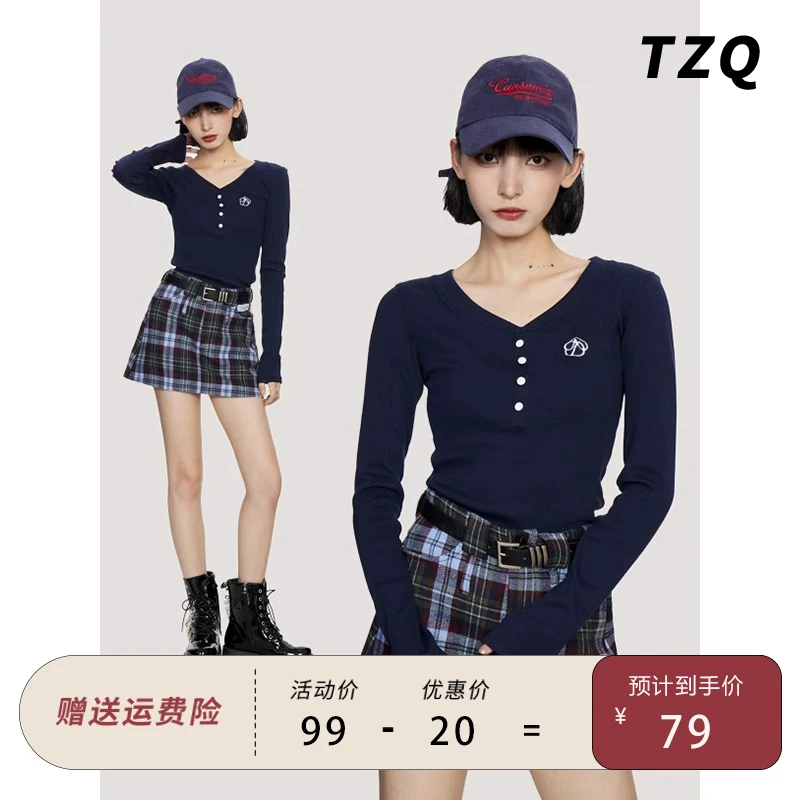 美式复古藏青色v领长袖t恤女秋季修身紧身正肩大领口刺绣打底上衣