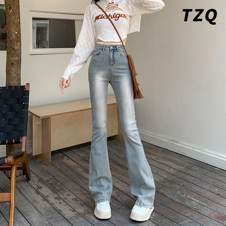浅色高腰微喇牛仔裤女2024新款小个子马蹄喇叭裤子春秋TZQ102811