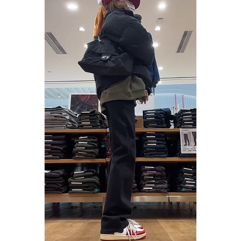 淘稚气黑色窄版直筒牛仔裤女2025年秋冬加绒女裤爆款高腰显瘦裤子