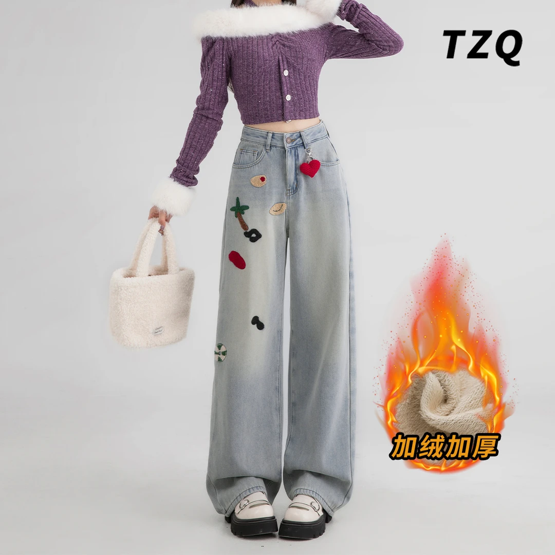 刺绣加绒直筒牛仔裤女冬季设计感小众加厚休闲阔腿长裤TZQ120566