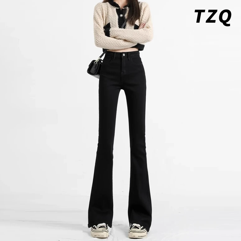 黑色微喇牛仔裤女款爆款2024新款小个子马蹄喇叭裤春秋TZQ041701