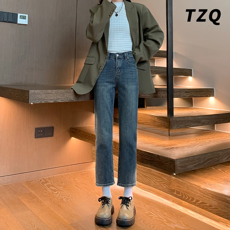 怀旧蓝直筒牛仔裤女春秋2024新款爆款小个子九分高腰烟管裤子秋季