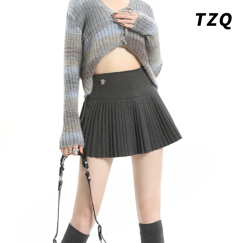 美式辣妹毛呢半身裙女2024春秋纯欲显瘦灰色高腰百褶裙潮TZQ91508