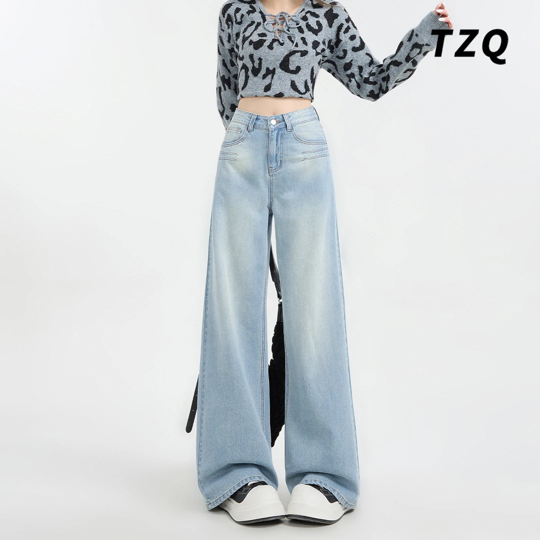 复古阔腿牛仔裤女秋冬季新款宽松显瘦垂感直筒拖地裤子TZQ112401