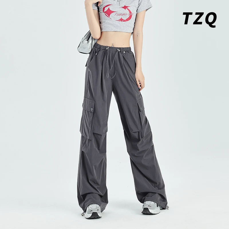 小个子阔腿休闲工装裤女2024新款速干登山裤抽绳束脚裤百搭直筒裤