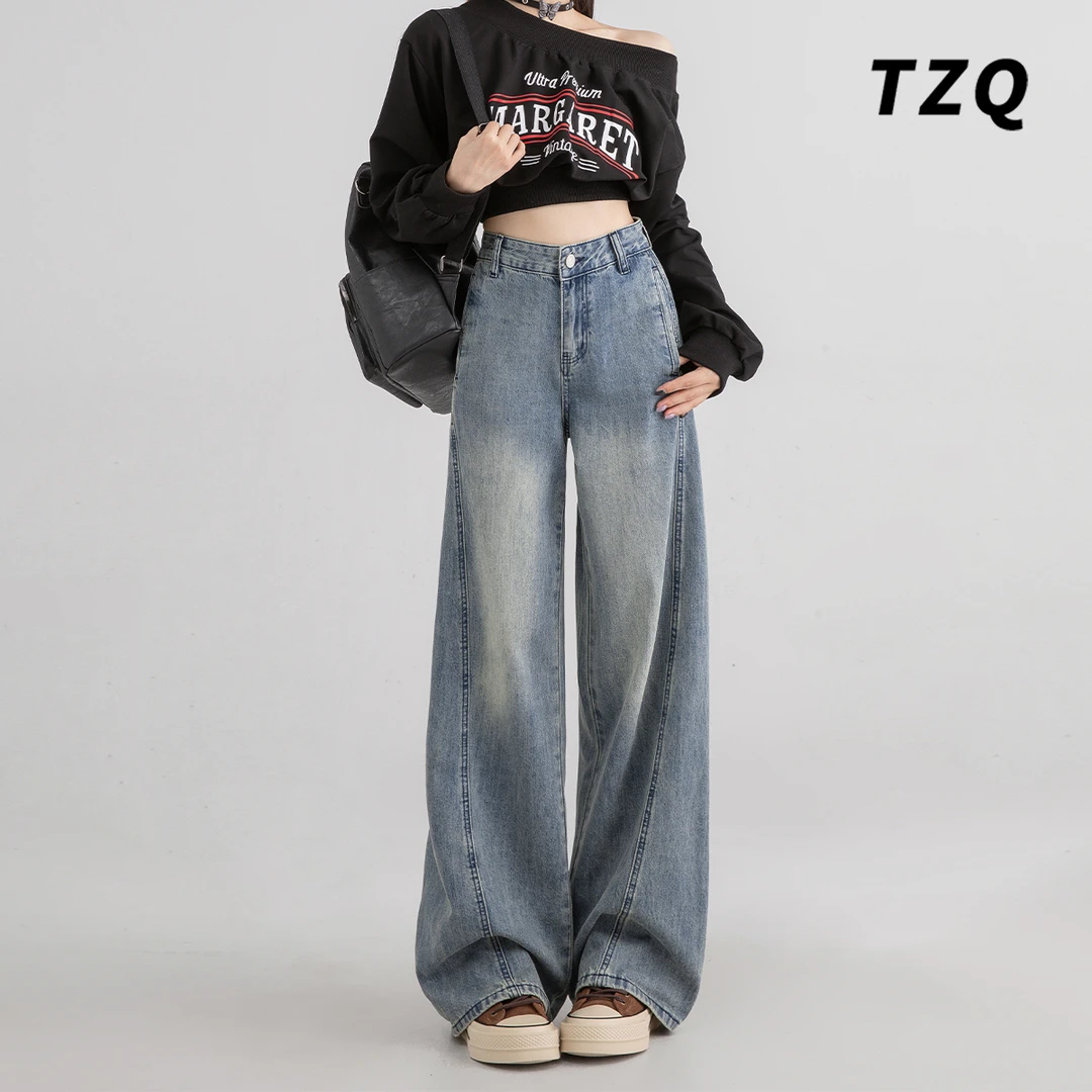 复古蓝垂感阔腿牛仔裤女款爆款2025新款高腰显瘦直筒裤TZQ120540
