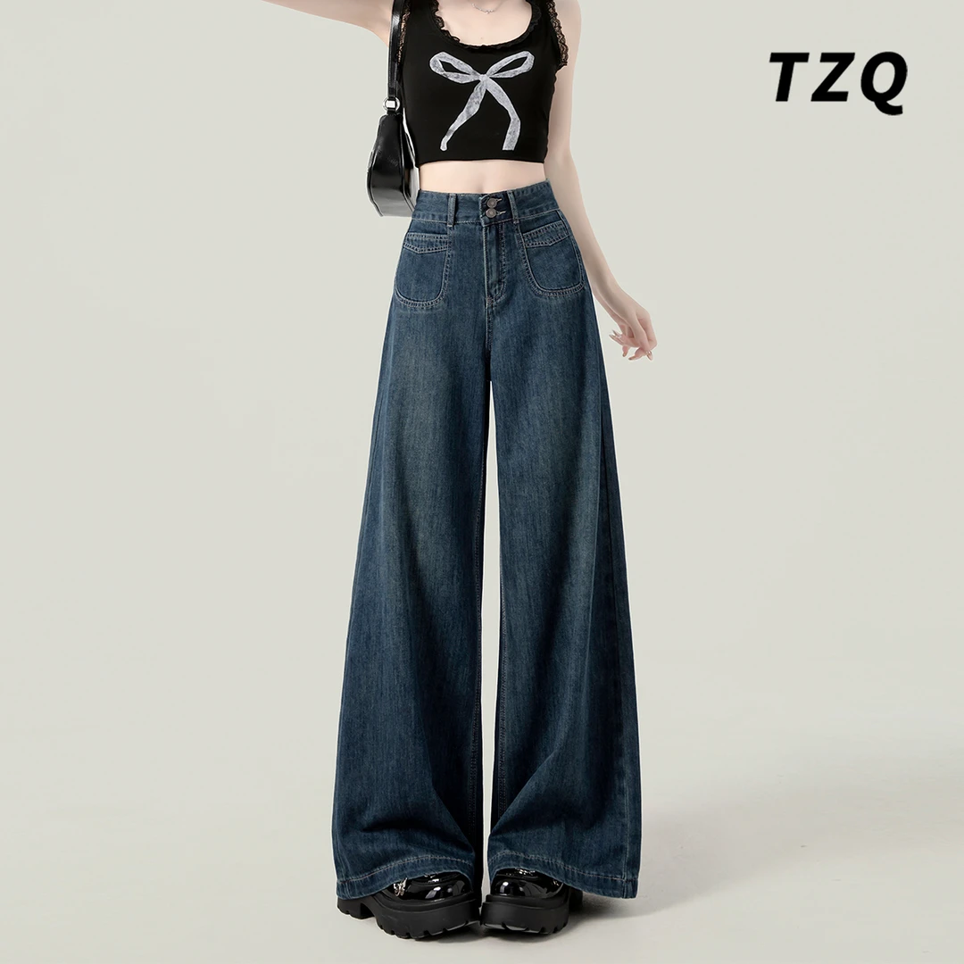 深蓝色阔腿牛仔裤女款爆款2025新款春季高腰显瘦宽松裤子TZQ71824