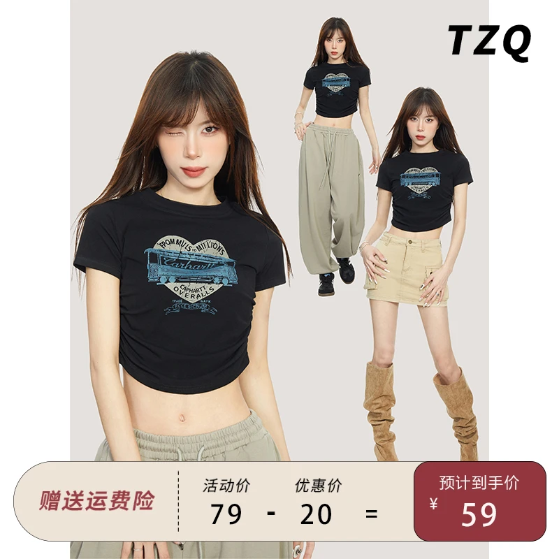 美式黑色正肩短袖t恤女夏季修身高腰露脐设计感小众辣妹短款上衣