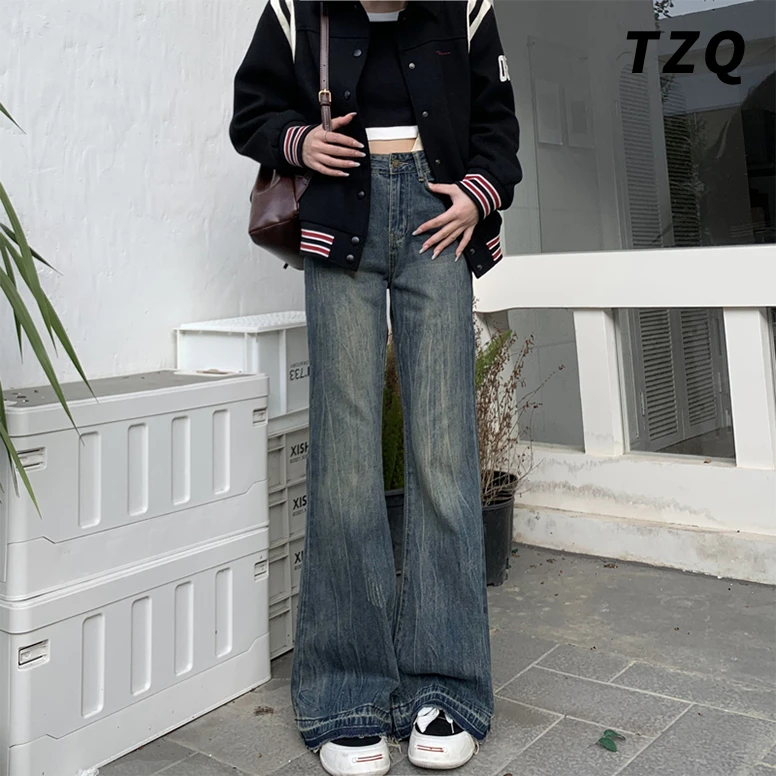 复古微喇牛仔裤女爆款2024新款毛边高腰显瘦宽松加绒喇叭裤子秋冬