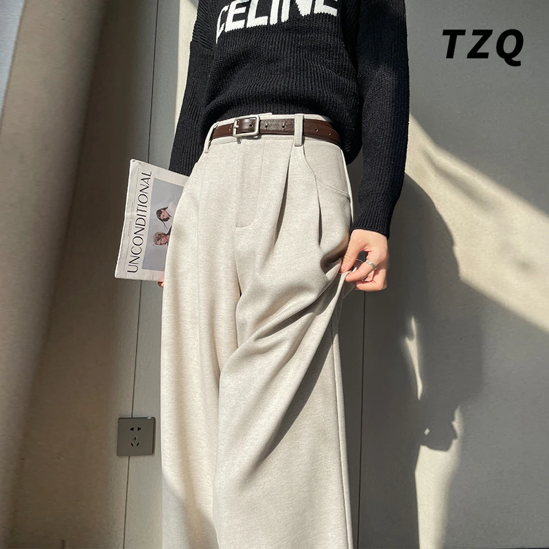 2024秋冬新款毛呢阔腿裤直筒拖地裤高腰窄版休闲裤女TZQ91411