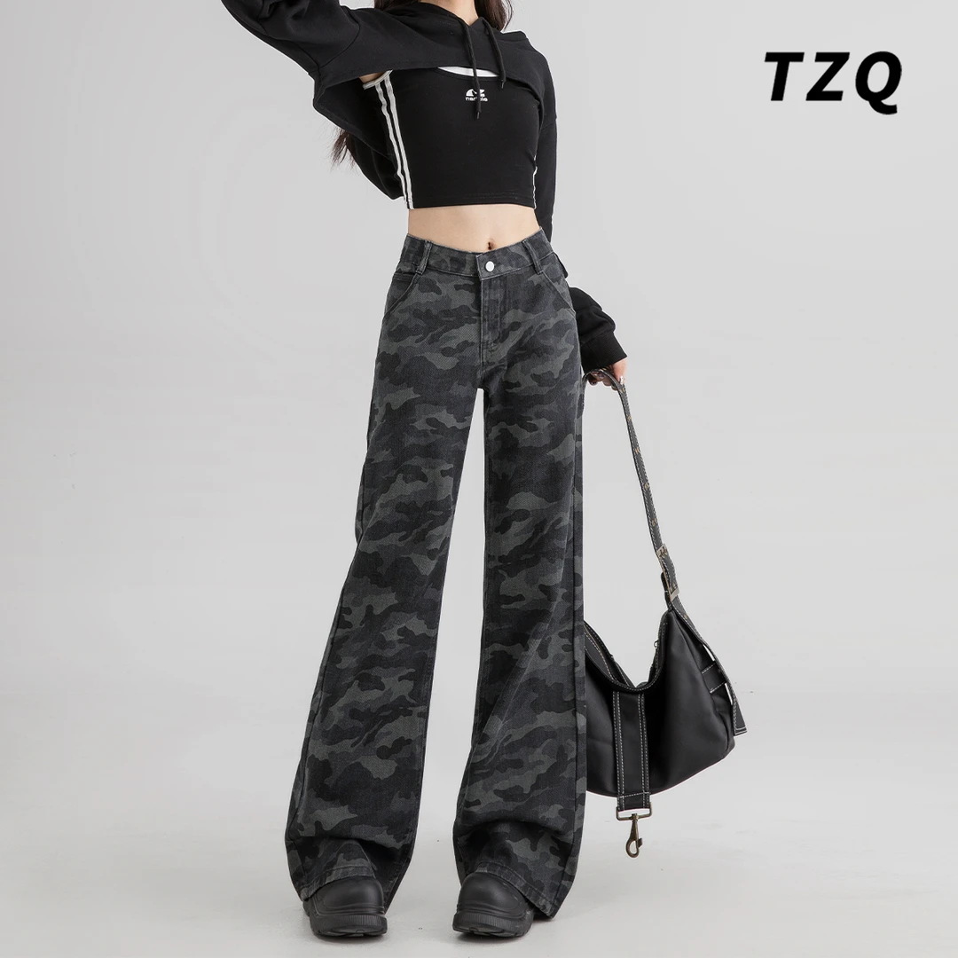不贴腿微喇牛仔裤女款爆款2025新款高腰显瘦迷彩休闲裤TZQ120417