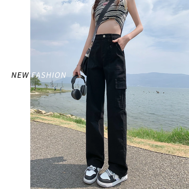 黑色工装裤女夏季薄款2024新款多口袋辣妹直筒阔腿牛仔裤TZQ92510