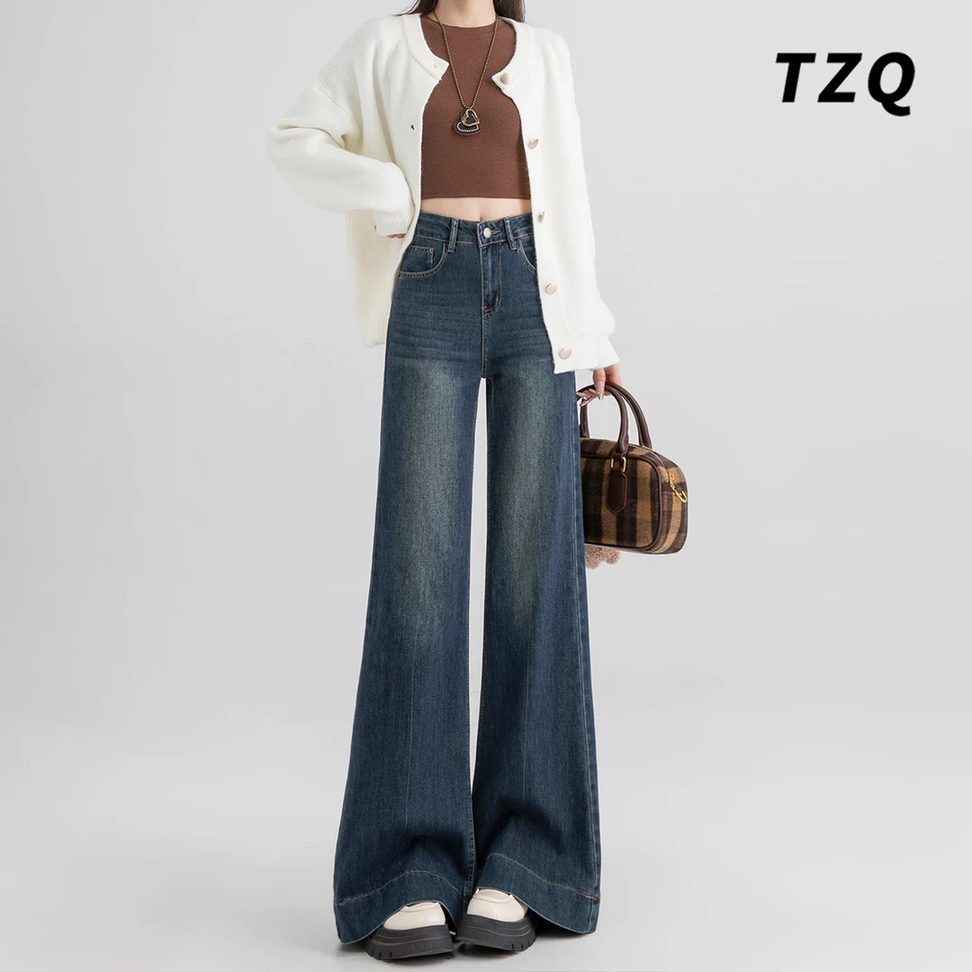 韩版不贴腿微喇牛仔裤女爆款2025新款高腰加绒显瘦喇叭裤TZQ82811