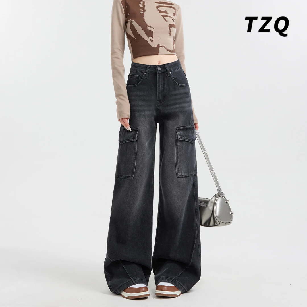 美式工装阔腿牛仔裤女款爆款2025年新款宽松显瘦拖地裤TZQ121221