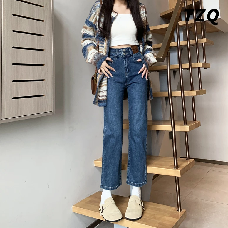 高腰直筒牛仔裤女爆款2024年新款双扣小个子九分显瘦烟管裤子秋季