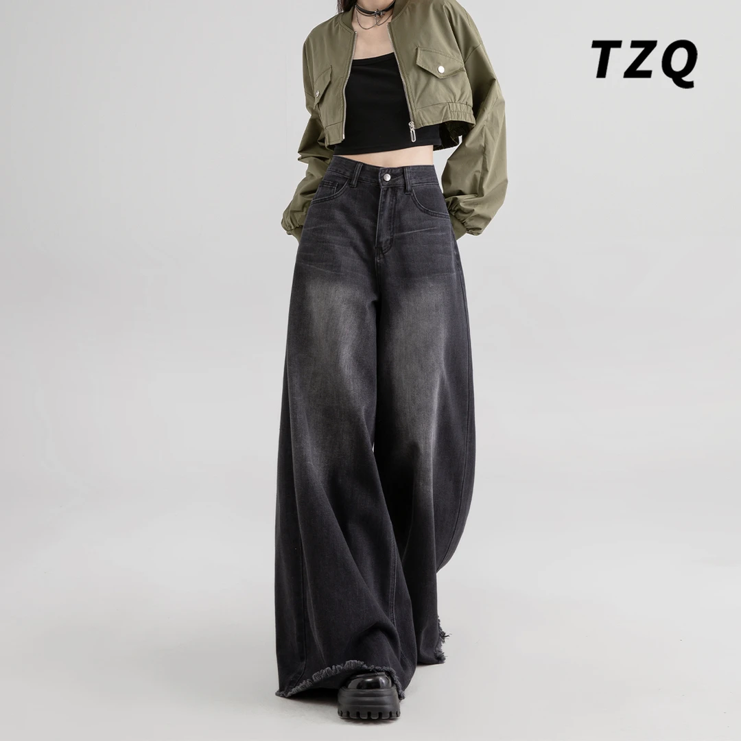 水洗复古黑灰色阔腿牛仔裤女秋冬季大裤脚毛边脚边长裤TZQ111629