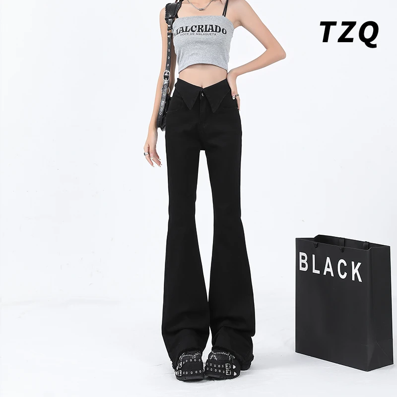 设计感翻边腰头高腰微喇裤女潮流百搭修身显瘦喇叭牛仔裤TZQ80623