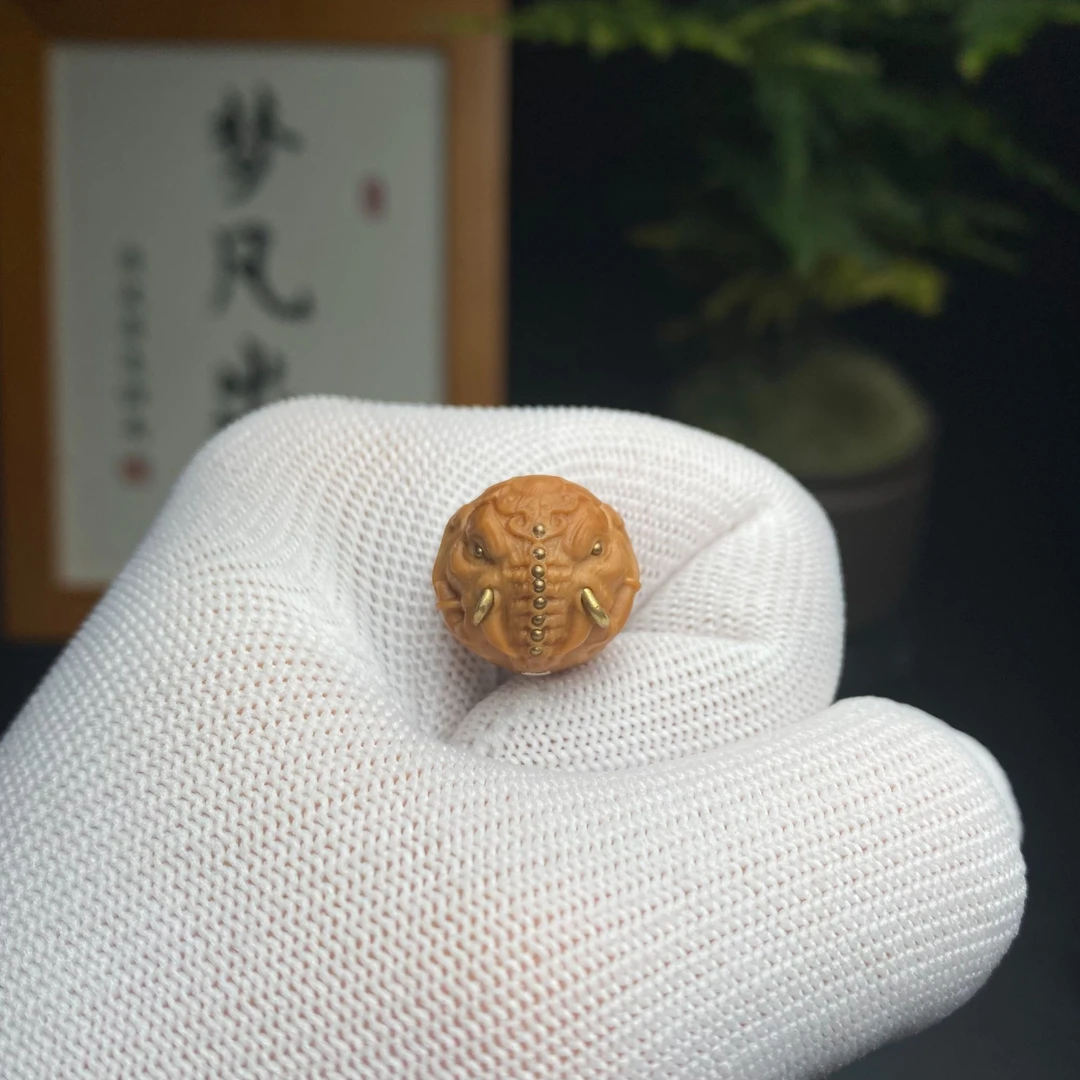 梦凡出品—象神猴头核桃雕刻单颗,手工镶嵌,孔道银管