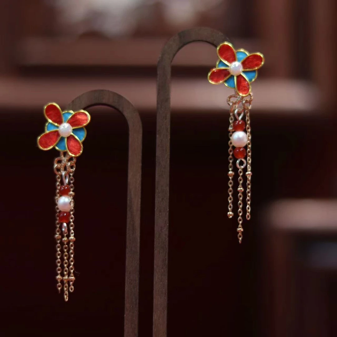非金属布艺耳饰 宝相花掐丝绒花敦煌色系耳钉日常（使用后不可退