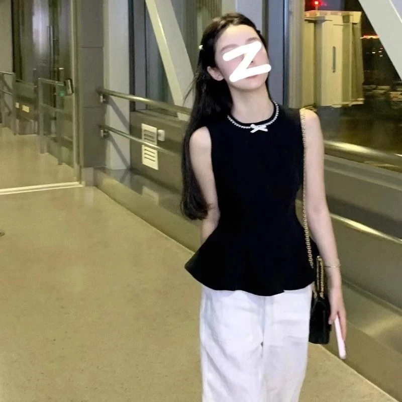 黑色修身显瘦独特别致设计感收腰无袖上衣女士夏季韩版高级感衬衫