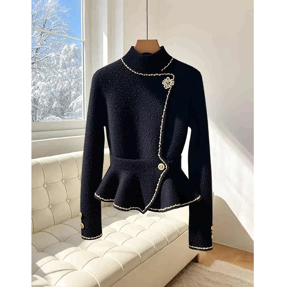 秋冬法式高级感超好看洋气穿搭上衣独特别致修身黑色高领毛衣女