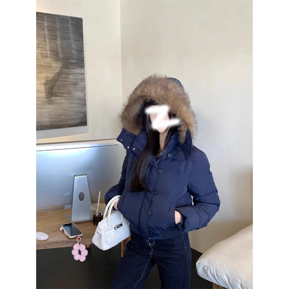 毛领连帽保暖棉衣女冬季2024新款藏蓝色宽松夹棉加厚外套面包棉服