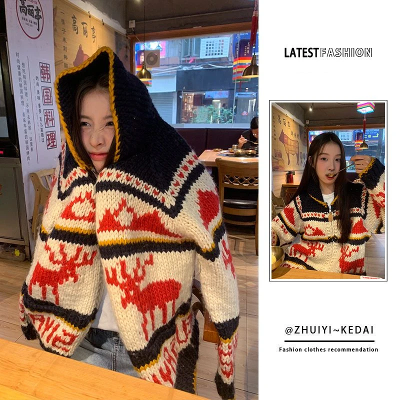 秋冬圣诞麋鹿毛衣外套女2024年新款复古慵懒风宽松软糯针织衫上衣