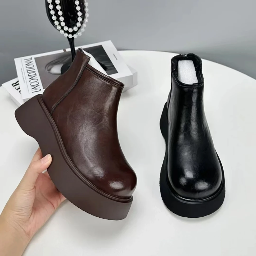 【朵苮品牌】2024新款秋冬厚底加绒瘦瘦靴爆款百搭舒适短靴防水2761