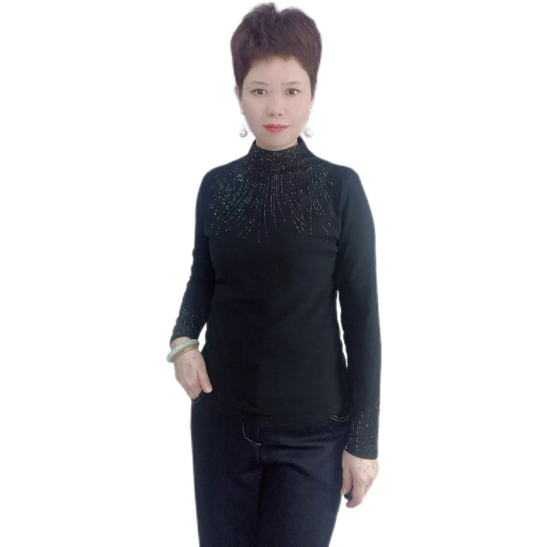 半高领针织打底衫女内搭秋冬烫钻小衫长袖T恤上衣