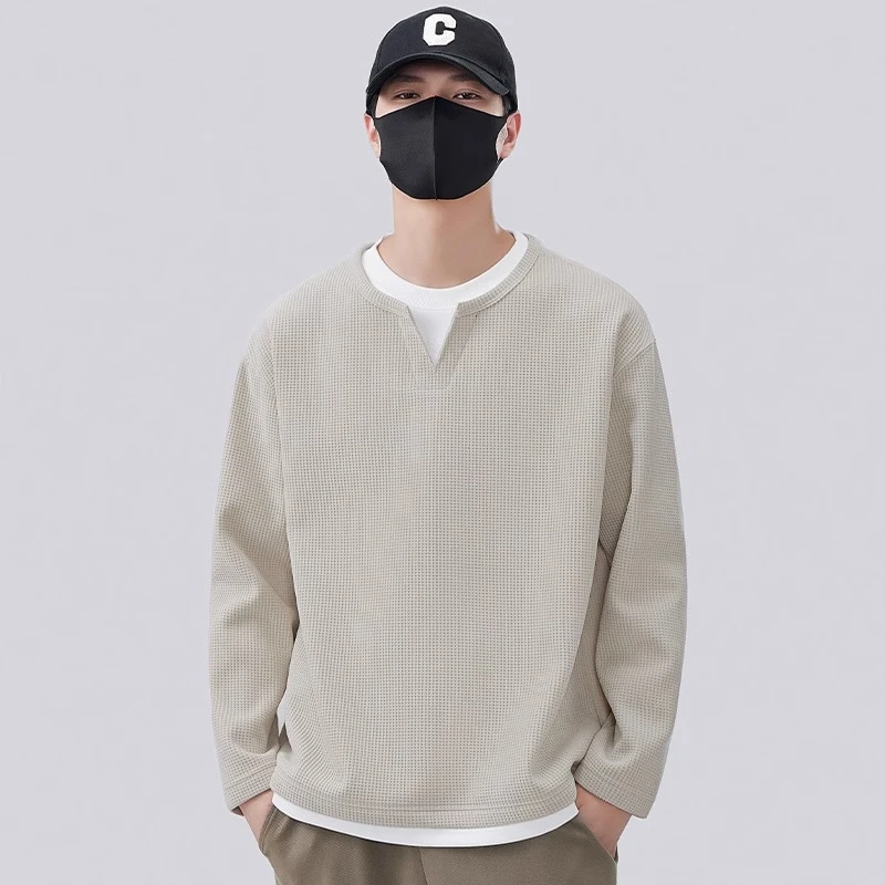 假两件华夫格卫衣男秋冬季2024新款潮加绒加厚长袖打底衫男士上衣