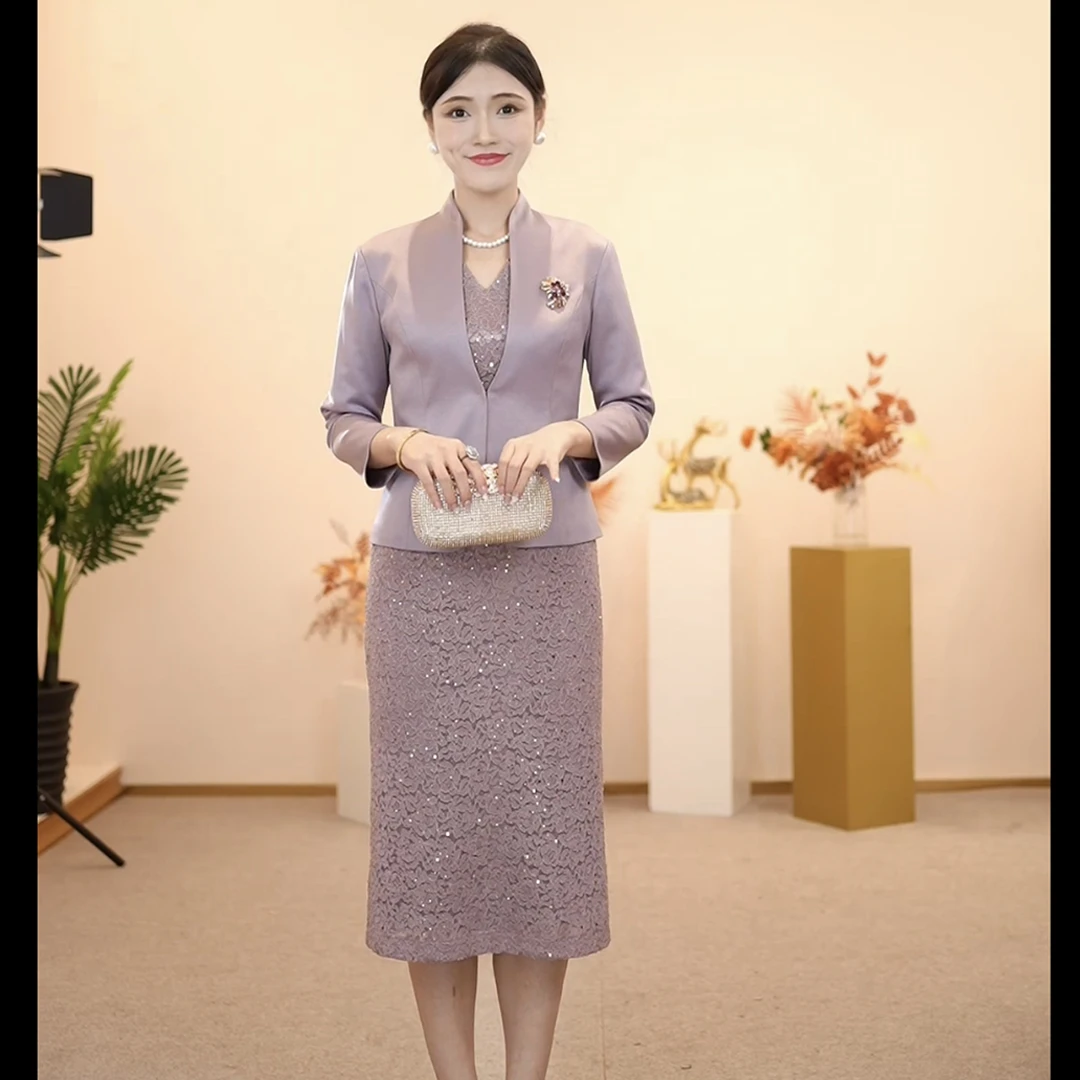 2024夏季时尚新款优雅蕾丝裙喜妈妈温柔气质礼服生日宴会连衣裙女