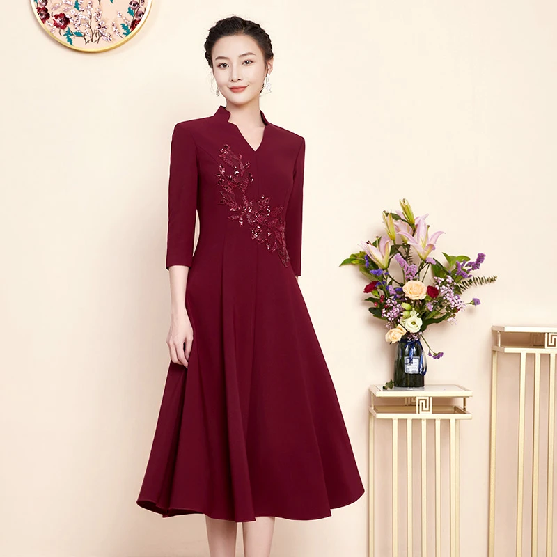 【冬季保暖】优雅高贵酒红色喜婆婆敬酒服中长款显瘦显高连衣裙
