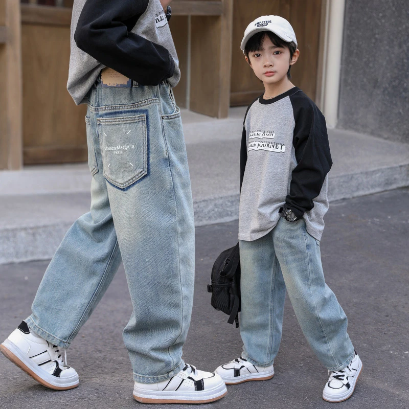 男童裤子春秋款2024新款洋气中大童春装时髦帅气男孩浅色牛仔裤潮