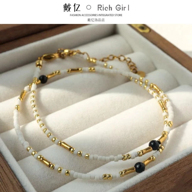 钛钢项链 串珠项链 叠戴简约百搭黑金配色串珠颈链