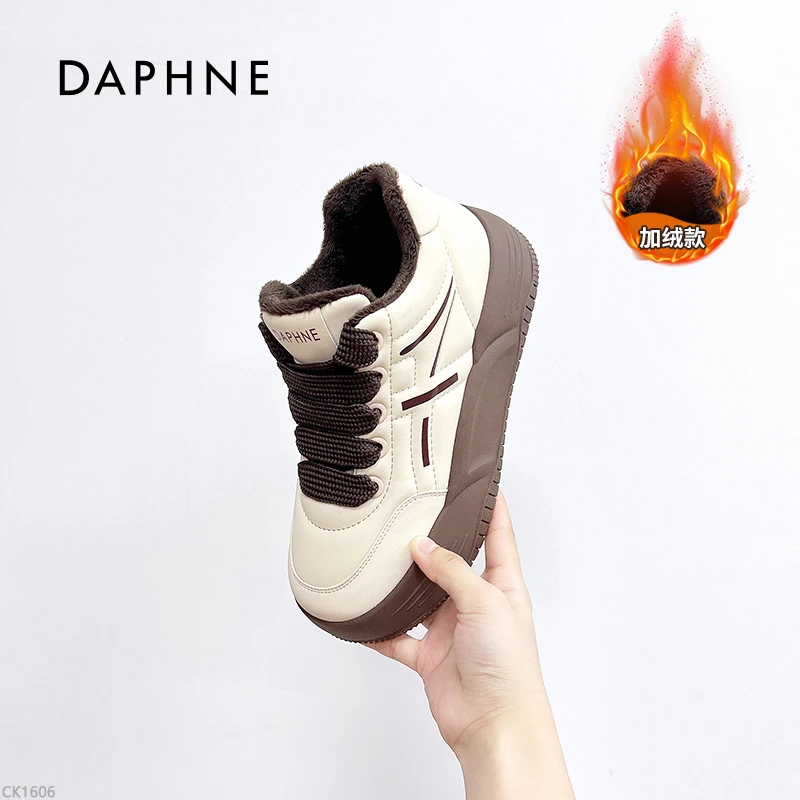 达芙妮时尚百搭秋冬季户外运动厚底舒适加绒潮流圆头系带休闲鞋