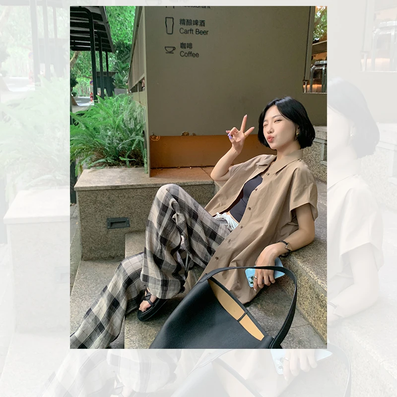 老友记套装法式衬衫&格纹休闲裤QC233004/QK232057