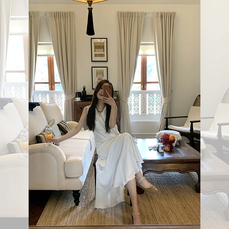 设计感高支霜感棉V领不对称无袖连衣裙QL233023