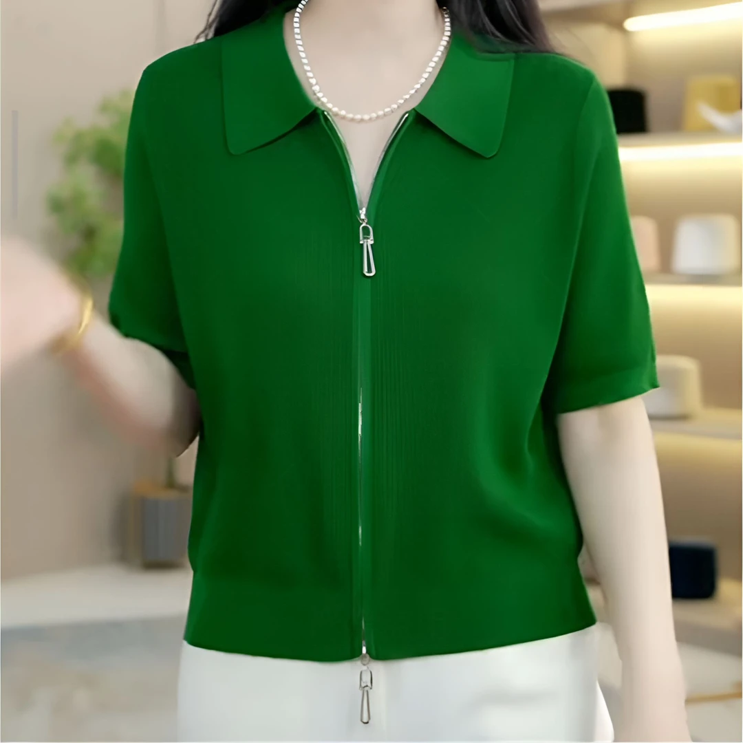 大码修身显瘦休闲网红针织衫女夏季新款气质百搭纯色翻领时尚上衣