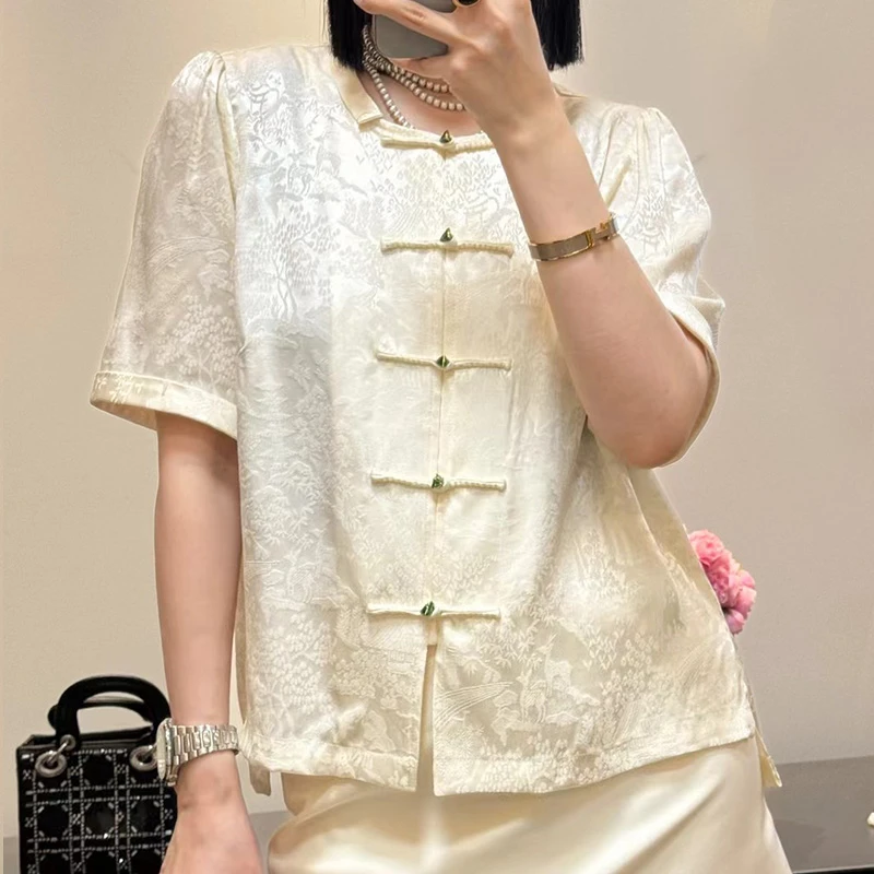 新中式国风短袖衬衫女夏季短款提花盘扣上衣复古气质唐装T恤衫