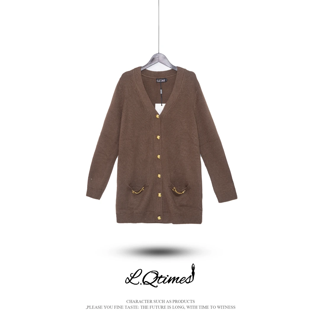 【彤姐】彤公子&V领金属链条宽松中长款针织开衫内搭外套(22430078)